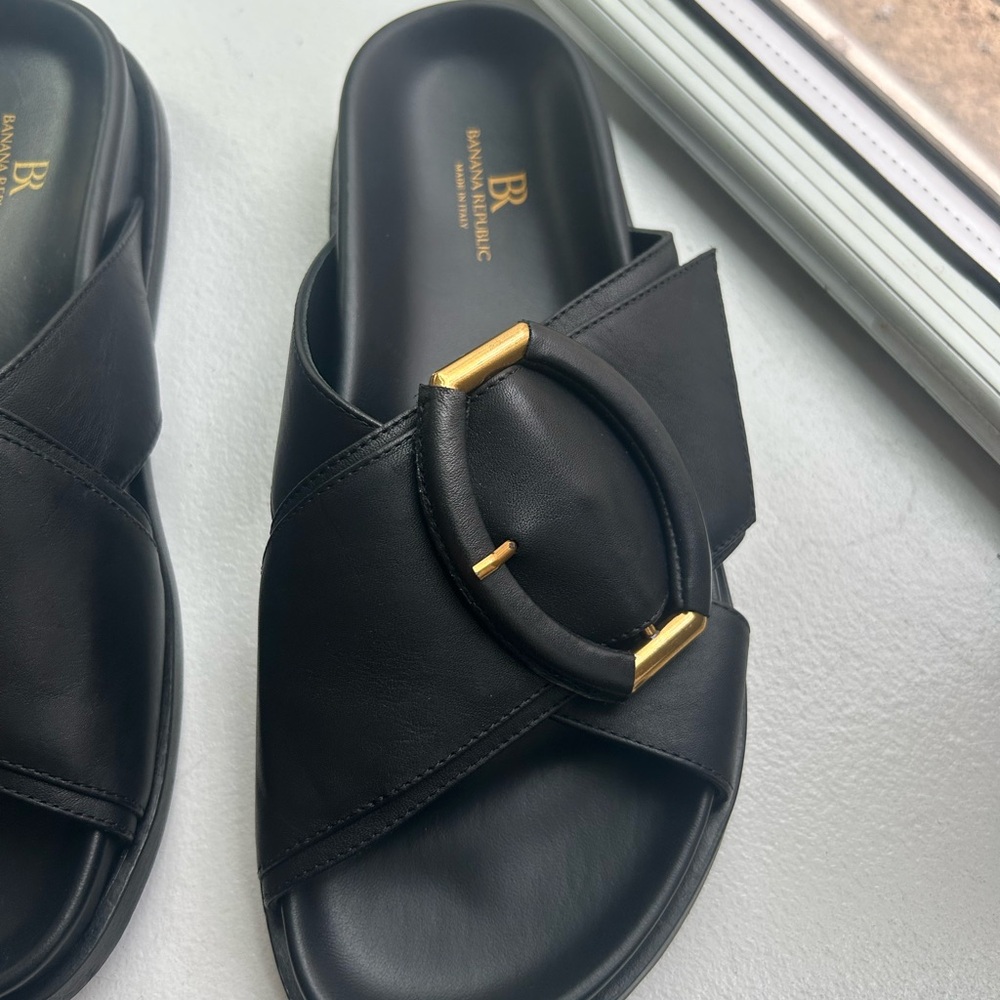 Banana Republic Black Slide Sandals with Gold Buckles - Picture 4 of 5